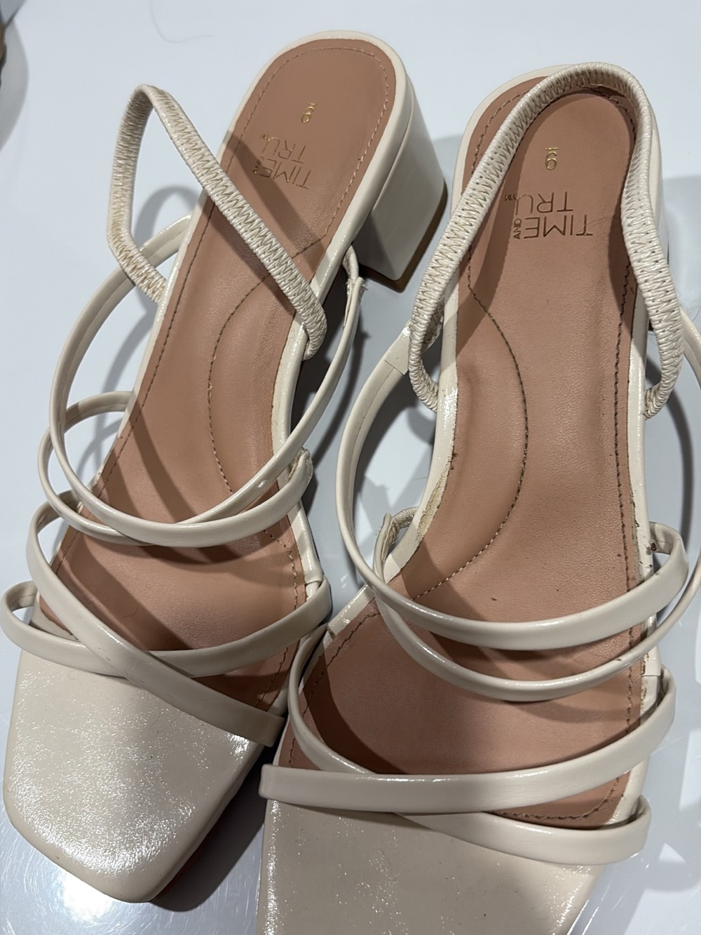 Time and Tru Ivory Strappy Low Block Heel Sandals